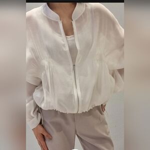 Organza Like Sheer Lantern Sleeve Ruched Jacket Ivory Beige Womens Sz Small